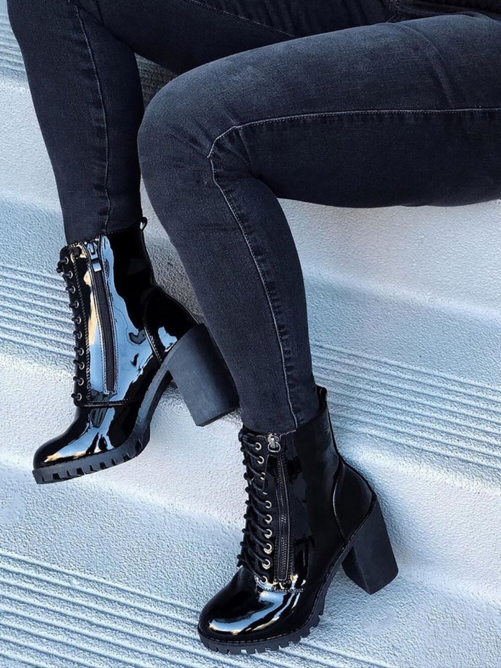 Women's Black Patent Lace-Up Block Heel Boots